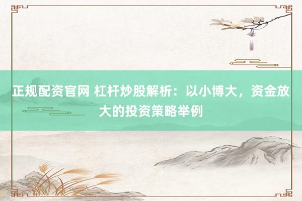 正规配资官网 杠杆炒股解析：以小博大，资金放大的投资策略举例